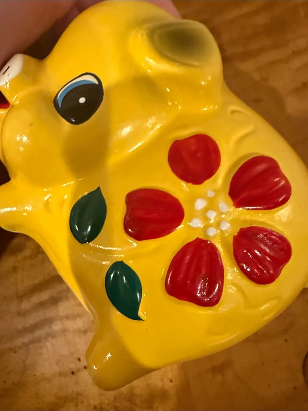 Vintage Kitschy Yellow Chalkware Piggy Bank with Red Flower